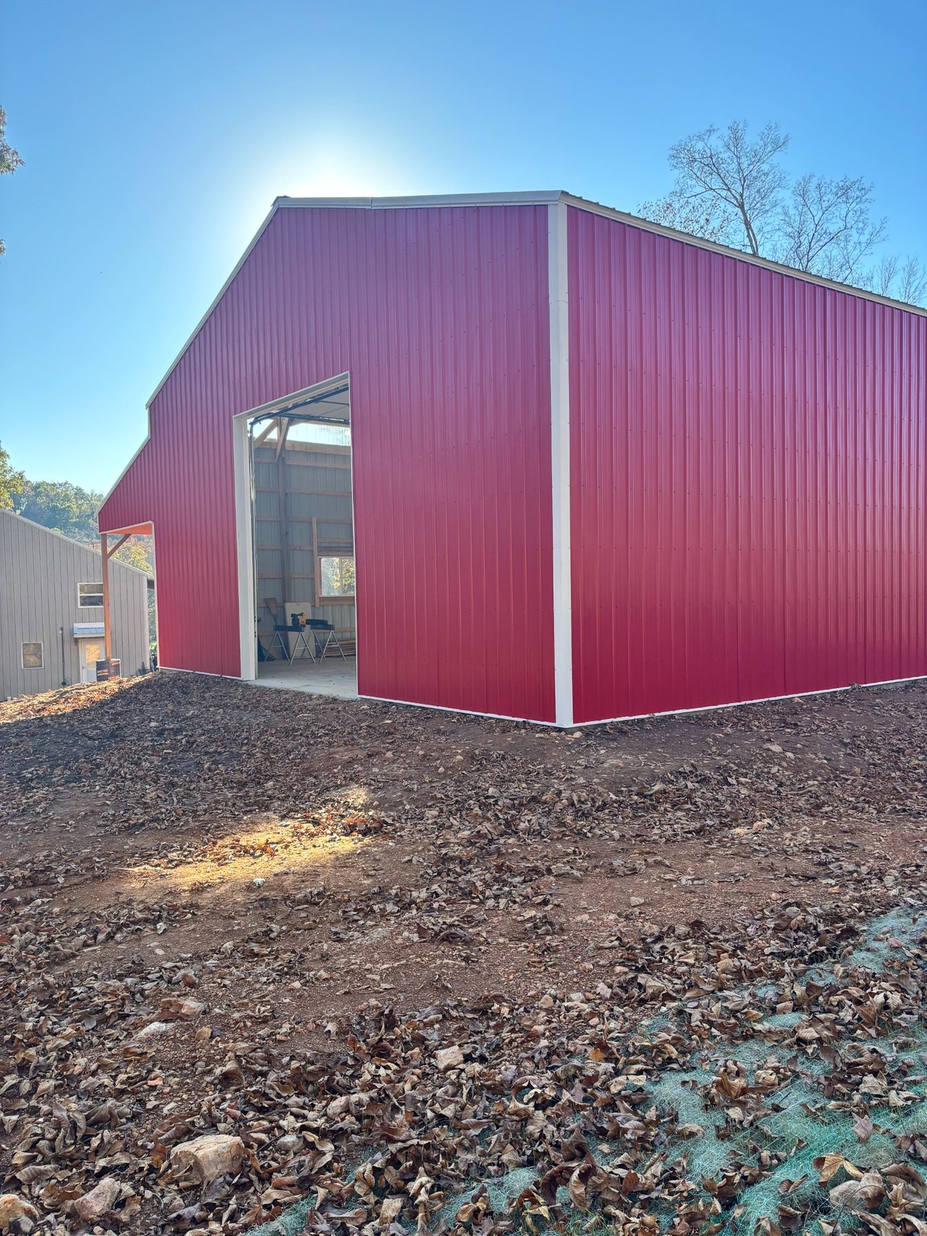 Front of the red metal building